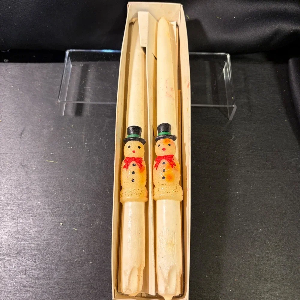Vintage Snowman Taper Candles Pair Hand Painted Holiday Christmas Decor 12 Inch